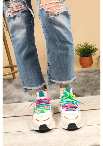 Guja Renkli Bağcıklı Triko Unisex Spor Ayakkabı Beyaz-Beyaz