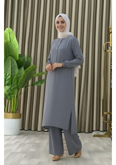 Mismoly Tesettür İkili Takım Uzun Tunik Bol Paça Pantolon 4006-gri Gri