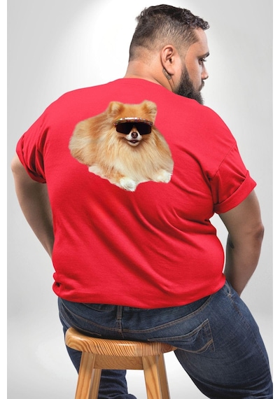 Angemiel Pomernian Köpek Büyük Beden Kırmızı Tişört Kadın Erkek Ünisex Sırt Baskılı Kırmızı