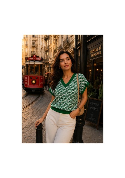 Hira Life Fashion Sfg Life Moda Kadın V Yaka Kare Desenli Şık Süveter Yeşil Yeşil