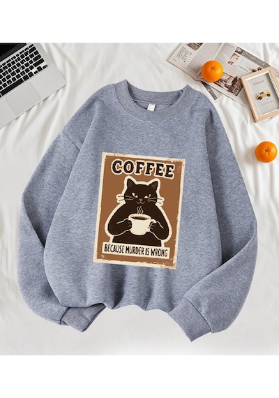 Startmore Startmoreçünkü Cinayet Yanlış Kahve Siyah Kedi Baskı Kazak Kadın Sonbahar Rahat Hipster Yumuşak Kazak Gri