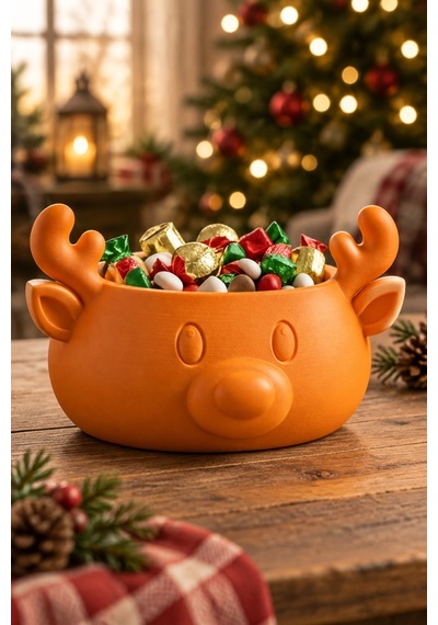 Sonbahar Ve Noel Temalı Ren Geyiği Figürlü Bowl - Sunum Kabı Turuncu