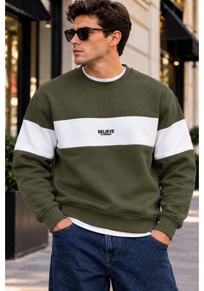 Tarz Cool Erkek Şerit Detaylı Believe Baskılı 3 İplik Şardonlu Bisiklet Yaka Sweatshirt Haki