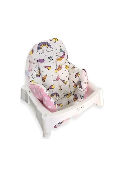 Bebek Özel%100 Pamuklu Mama Sandalyesi Minderi, Unicorn Yıldızlı, Pembe Beyaz, Çift Taraflı