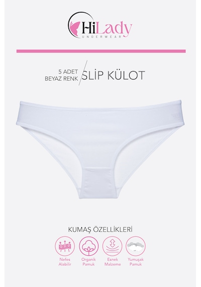 Kadın Külot, 5li Paket Karışık Renkli Slip Külot Rahat Pamuklu Yumuşak Kumaş Beyaz