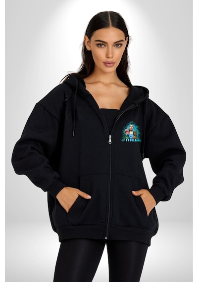 Angemiel Karol G Şarkıcı Kadın Erkek Siyah Kapüşonlu Fermuarlı Baskılı Hırka Sweatshirt Siyah