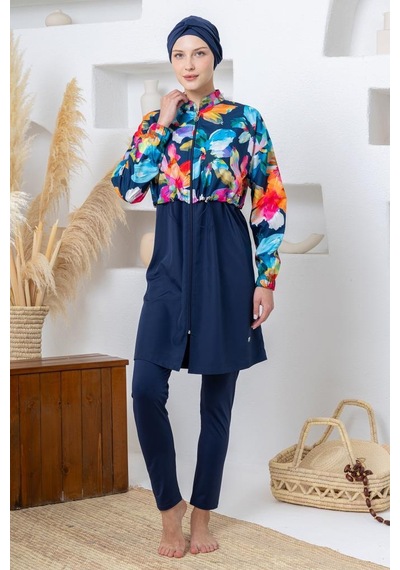 Maresiva 262407 Monroe Paraşüt Kumaş Lycra Uzun Kollu Lacivert Tam Boy Tesettür Mayo