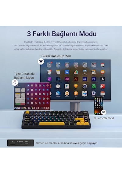 Aula F75 Mekanik Rgb Klavye Tkl Crescent Switch Tri Mode Kablosuz Makrolu Hot Swap Gaming Oyuncu Klavyesi Siyah