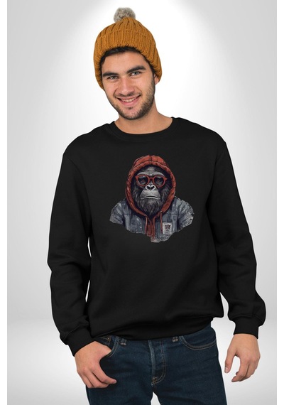 Kırmızı Gözlük Çeket Maymun Unisex Siyah Baskılı Sweatshirt Siyah
