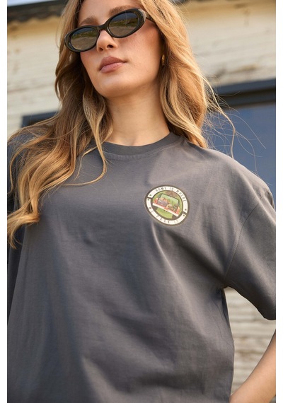 Velvoria Unisex Oversize Home Is Where Baskılı Antrasit Renk T-shirt