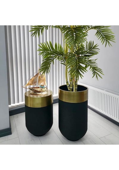 Dekoratif Eskitme Darbuka Siyah Saksı 70 Cm+Sehpa 60 Cm (Ikili Se