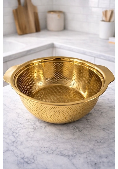 Qerhome Paslanmaz Çelik Gold Makarna Sebze Meyve Süzgeci 27 Cm Vd Gold