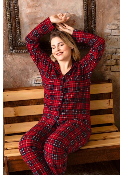 Nisanca Kışlık Düğmeli Ekose Desen Yılbaşı Temalı Kadın Süet Pijama Takımı - Bordo