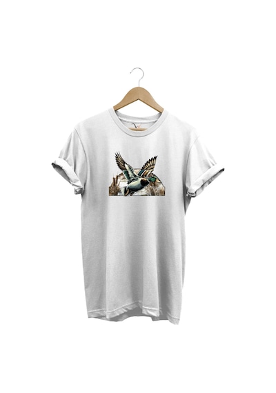 Avcılık Temalı Uçan Ördek Baskılı %100 Pamuk Unisex Regular Fit T-shirt Beyaz