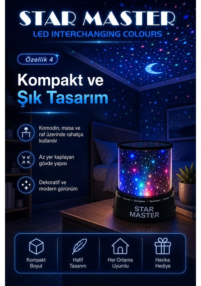 Çocuk Odası İçin Renkli Yıldız Yansımalı Led Gece Lambası Dekoratif Projektör Çok Renkli