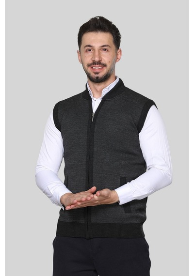 Kzc Tekstil Erkek Orta Yaş Ve Üzeri Triko Örgü Akrilik Kışlık Kalın Dokulu Fermuarlı Baba Yelek Gri