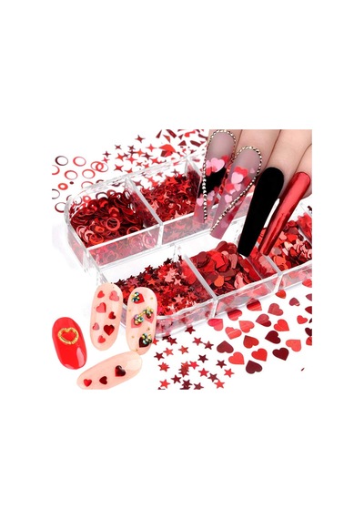 Parlak Kırmızı Tırnak Süsleme Folyo Pulları Karışık Dizayn Kelebek Kalp Harfler Yıldızlar Nail Art