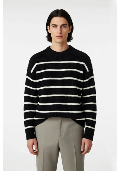 Frm Casual Erkek Kalın Triko Dokulu Bisiklet Yaka Çizgili Oversize Se Siyah