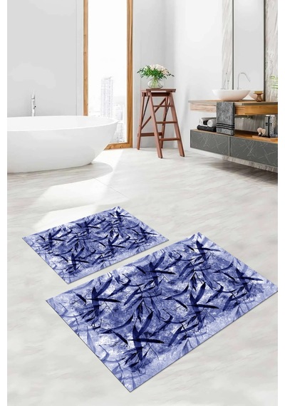 Buççin Online Mağaza Dijital Baskılı Yıkanabilir Kaymaz Taban Yaprak Motifli Banyo Paspası Klozet Takımı Polyester Lacive Çok Renkli