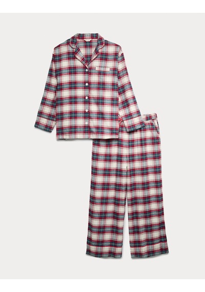 Marks & Spencer Pamuklu Kareli Pijama Takımı T37002277J Krem Mix