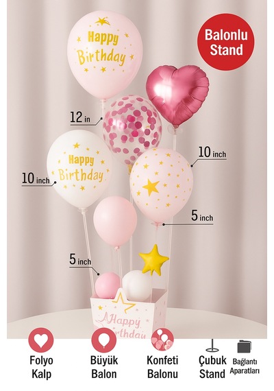 Pembe Doğum Günü Balon Kutusu Happy Birthday Konsept Parti Süsleri Masa Üstü Stand
