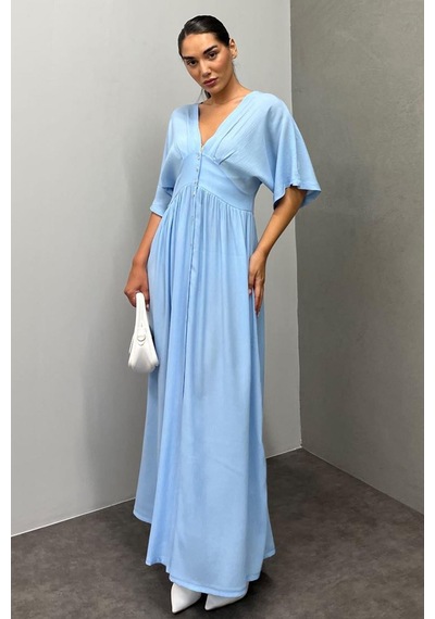 Madmext Bebe Mavisi V Yaka Düğmeli Elbise Mg2339 Bebe Mavisi