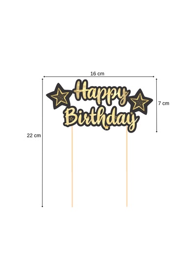 Siyah Altın Yıldız Temalı Happy Birthday Kaligrafi Pasta Üstü Süs Tüm Yaşlar