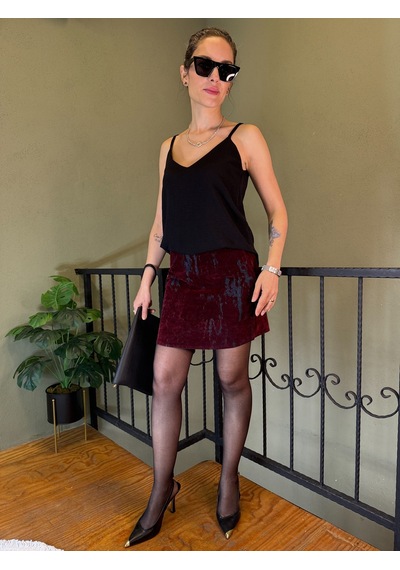 Ali Butik Bordo Flok Baskılı Mini Etek