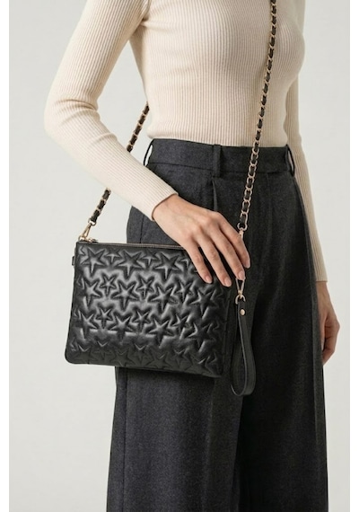 Gl-003 Yıldız Dikişli Kadın El Çantası Clutch Çanta Omuz Çantası Çapraz Çanta Pörtföy Çanta Siyah