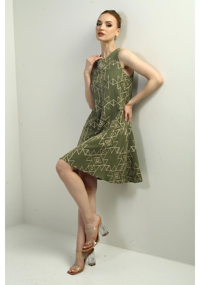 By Saygı Kadın Etnik Desen Kordeneli Kısa Elbise-40732 Haki