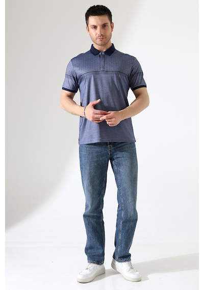 Rıbana Classıc Fermuar Detaylı Desenli Pamuklu Polo Yaka T-shirt Füme