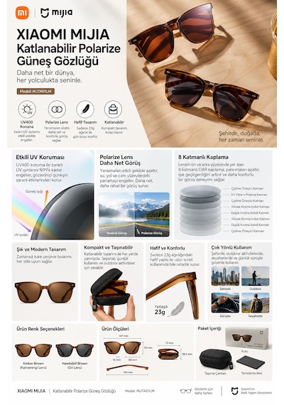 Mijia Katlanabilir Polarize Güneş Gözlüğü Uv400 8 Katmanlı Oar Kaplama Tac Lens Tr90 Amber Kahverengi Unisex Mjta01lm