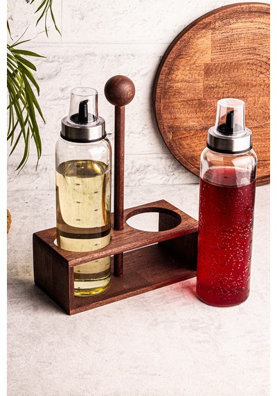 Boily - Ahşap Stantlı 2'li 500 ml Borosilikat Zeytinyağı Sıvıyağ Şişesi Yağdanlık Yağlık