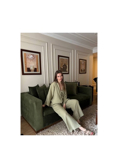Mayrem Kadın Müslin Kumaş Bağlama Detaylı Oversize Alt Üst Takım Yeşil