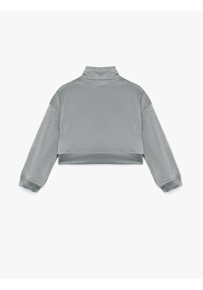 Koton Dik Yaka Uzun Kollu Yarım Fermuarlı Kadife Sweatshirt Gri 7wkg10372ak