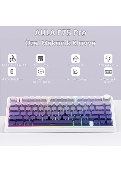 Aula F75 Mekanik Rgb Tkl Seiya Switch Kablosuz Makrolu Hot Swap Klavye Gradyan Mor