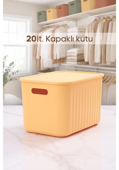 Sarı Dolap Düzenleyici 20 Lt Kapaklı Saklama Kutusu Sepet Oyuncak Kutusu Organizer