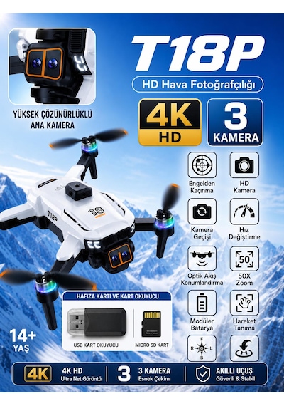 T18p Dron 4k Hd Hava Fotorafçılığı 3 Lens Usb Kart Okuyucu+kafıza Kartı Hediye Tek Tuş İniş Kalkış Ekranlı Kumanda Fırçasız Motor Havada Sabit Kalma 360 Derece Engel Algılama Elektirikli Kamera