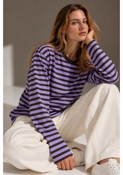 Wild Bee Kadın Lila Kahverengi Çizgili Pamuklu Bisiklet Yaka Oversize Bluz