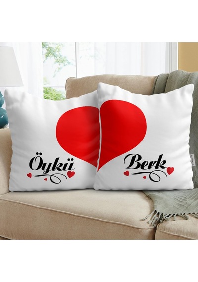 Kişiye Özel Ikili Kalbimin Yarısı Saten Beyaz Yastık Kılıfı