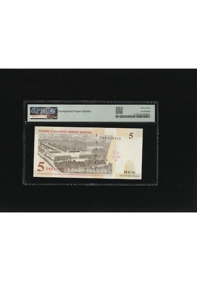 Beş Yeni Türk Lirası 5 Ytl P217 2005 Pmg 67 Epq Superb Gem Unc S/n D89 125721 8. Ems 1. Tertip