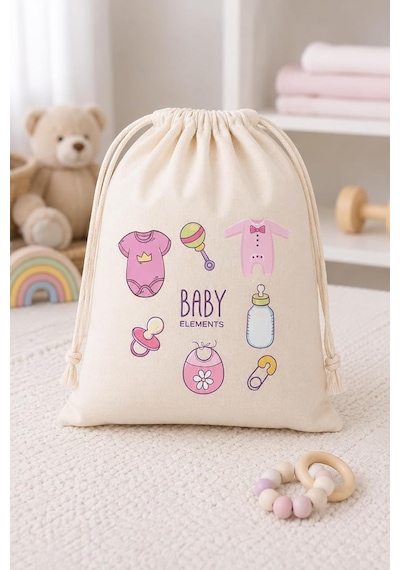 Lexroo Baby Elements Baskılı Ham Bez Büzgülü Bebek Torbası 30x40 Cm 2'li Set Çok Renkli
