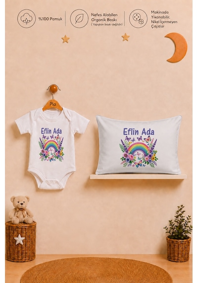 Pia Baby İsme Özel Kız Bebek Hediyesi %100 Pamuk Organik Baskılı Body Yastık Kılıfı Ve Ham Bez Kıyafet Kesesi 1045byk0x Ekru