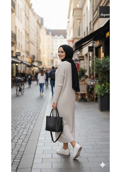 Sonbaharmoda Kadın Uzun Triko Elbise %100 Akrilik Bisiklet Yaka Rahat Ve Şık Kışlık Model Gri
