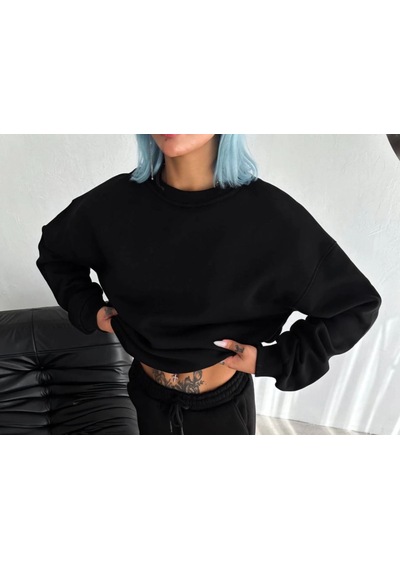 Mbb E-ticaret Kadın Bisiklet Yaka 3 İplik Pamuklu Basic Sweatshirt - Siyah