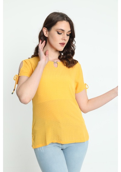Ella Camelia Kadın Yaka ve Kol Detaylı Desenli Bluz 19E008 Sarı