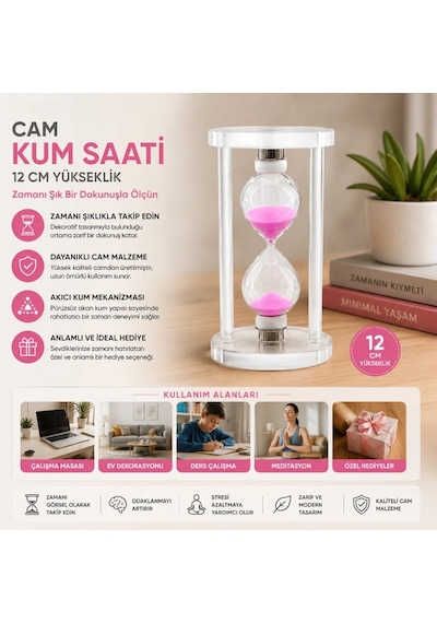 Orta Boy Cam Standlı Kum Saati - 12 Cm Yükseklik - Dekoratif Süs Eşyası Şeffaf