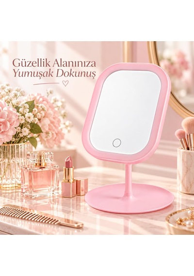 Led Işıklı Masaüstü Ayna, Dokunmatik Kontrol, Tepsili Taban, Kozmetik Model, Makyaj Aynası Pembe, Dikdörtgen Genel