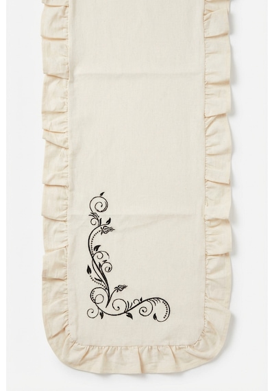 Siyah Nakış Detaylı Fırfırlı Masa Runner 40x120 Cm Şık Dekoratif Masa Ve Konsol Örtüsü Açık Krem
