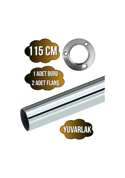Metal Yuvarlak Krom Mobilya Dolap Askı Borusu 115cm 2 Adet Yuvarlak Flanş-1 Adet Boru Çap:25mm Gri